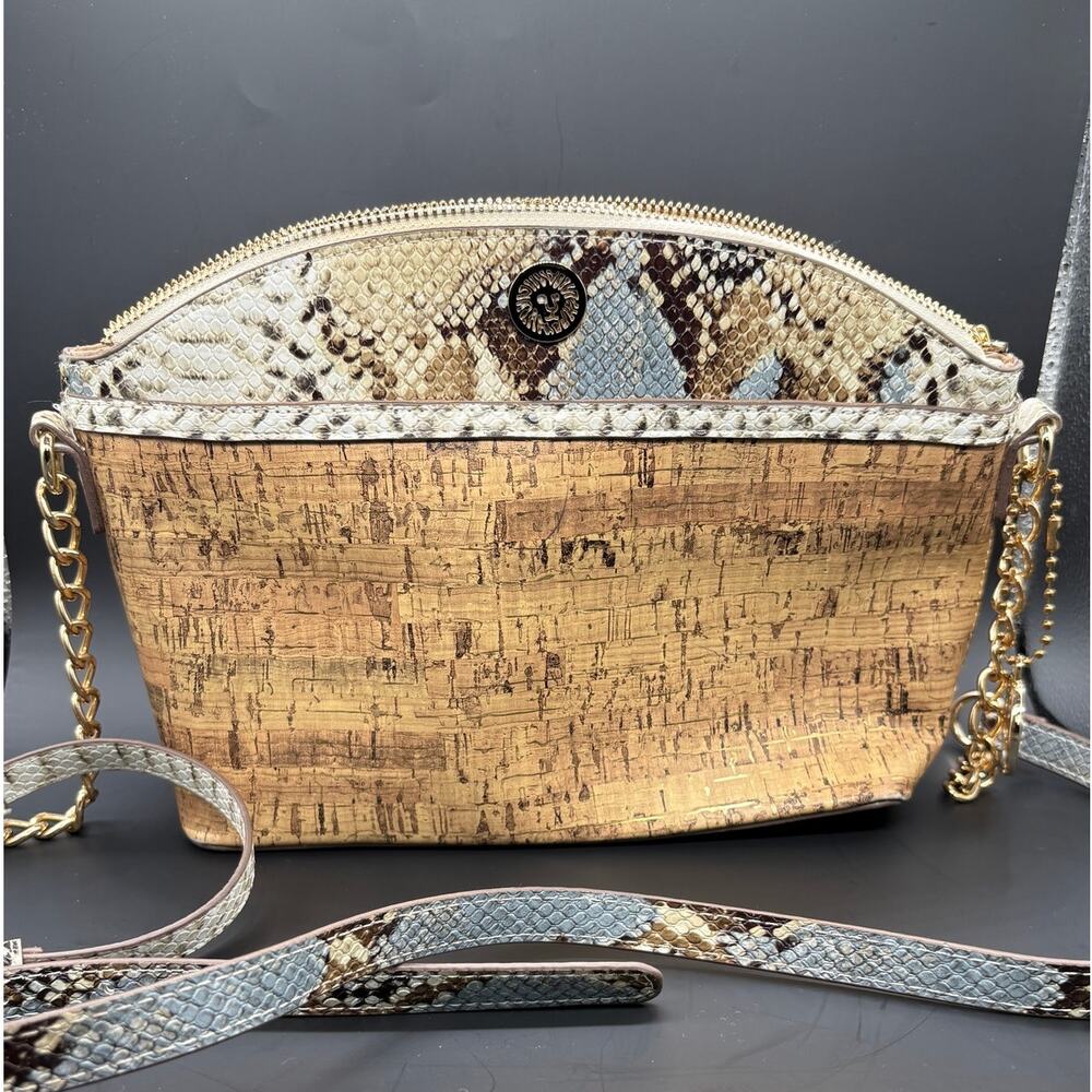 Anne Klein Cork Snakeskin Print Shoulder Bag Chain Strap Neutral Crossbody Purse